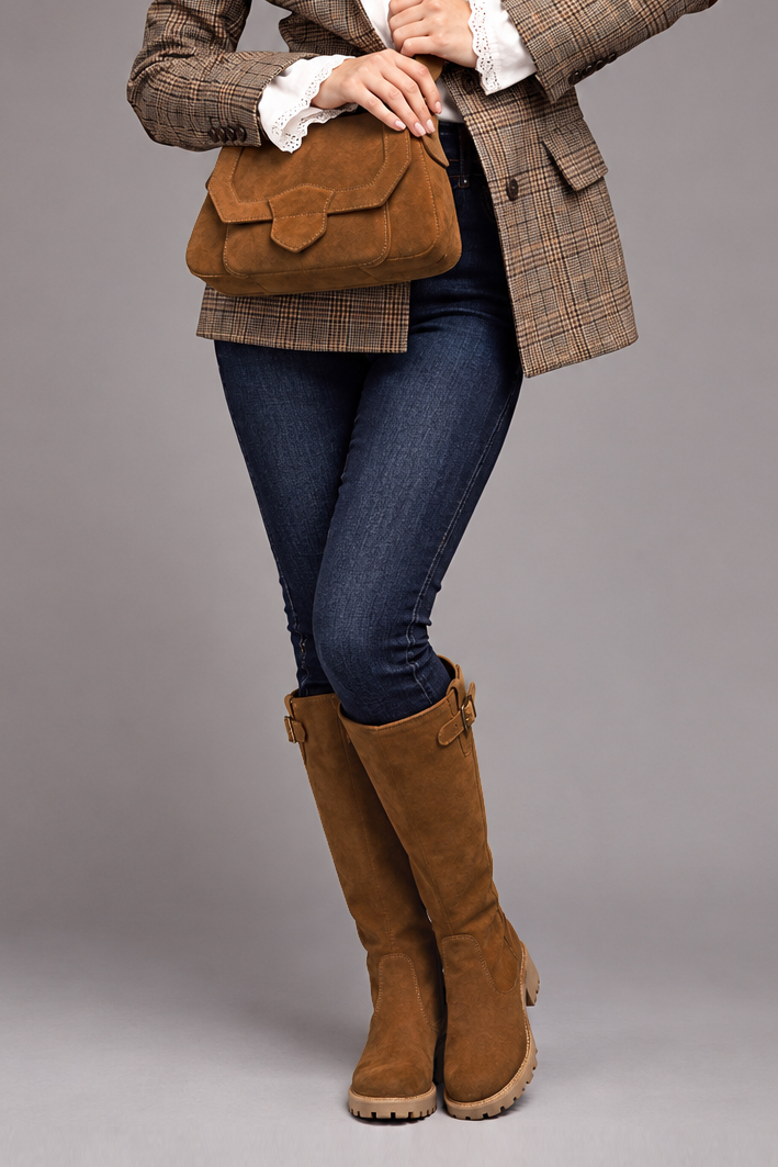 Women's cognac custom-made buckle knee-high boots with  and - Top view